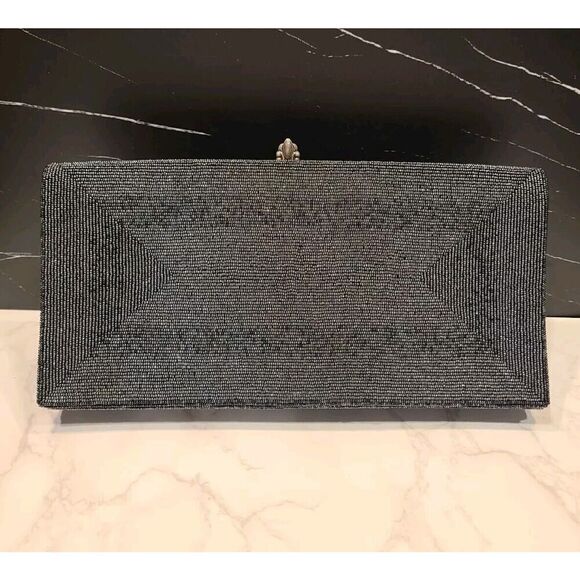 Vintage Figi Bay Handmade Black Beaded Clutch Bag Rectangle 12"x6" Foldover EUC - Picture 1 of 8
